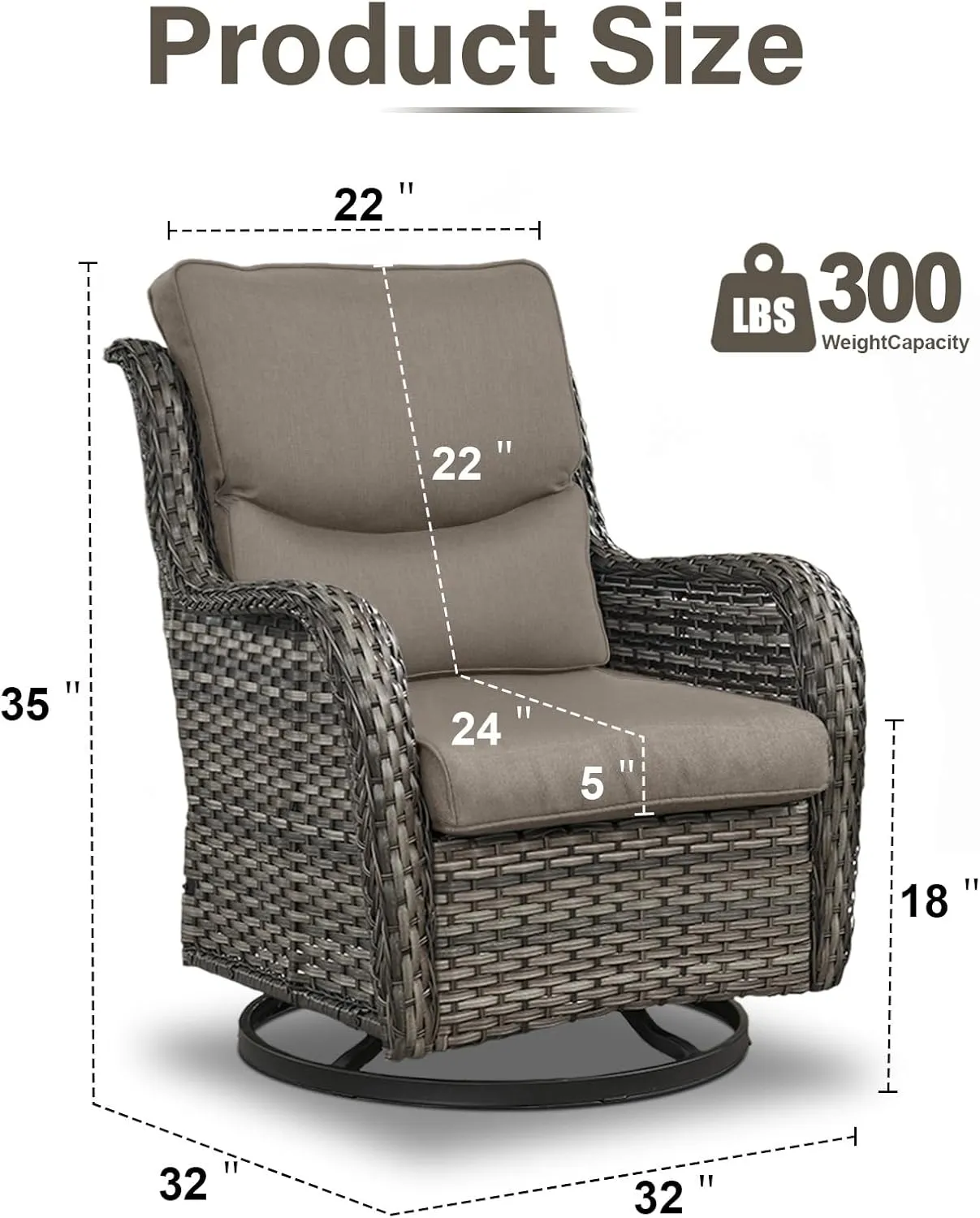 Swivel Patio Chairs Set of 2 with 5" Thick Cushion - Wicker Outdoor Swivel Rocker Patio Chairs, High Back Comfortable Outdoor Glider Chairs for Balcony, Porch, Deck, Poolside - Gray/Gray