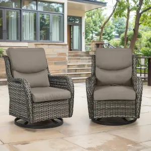 Swivel Patio Chairs Set of 2 with 5" Thick Cushion - Wicker Outdoor Swivel Rocker Patio Chairs, High Back Comfortable Outdoor Glider Chairs for Balcony, Porch, Deck, Poolside - Gray/Gray