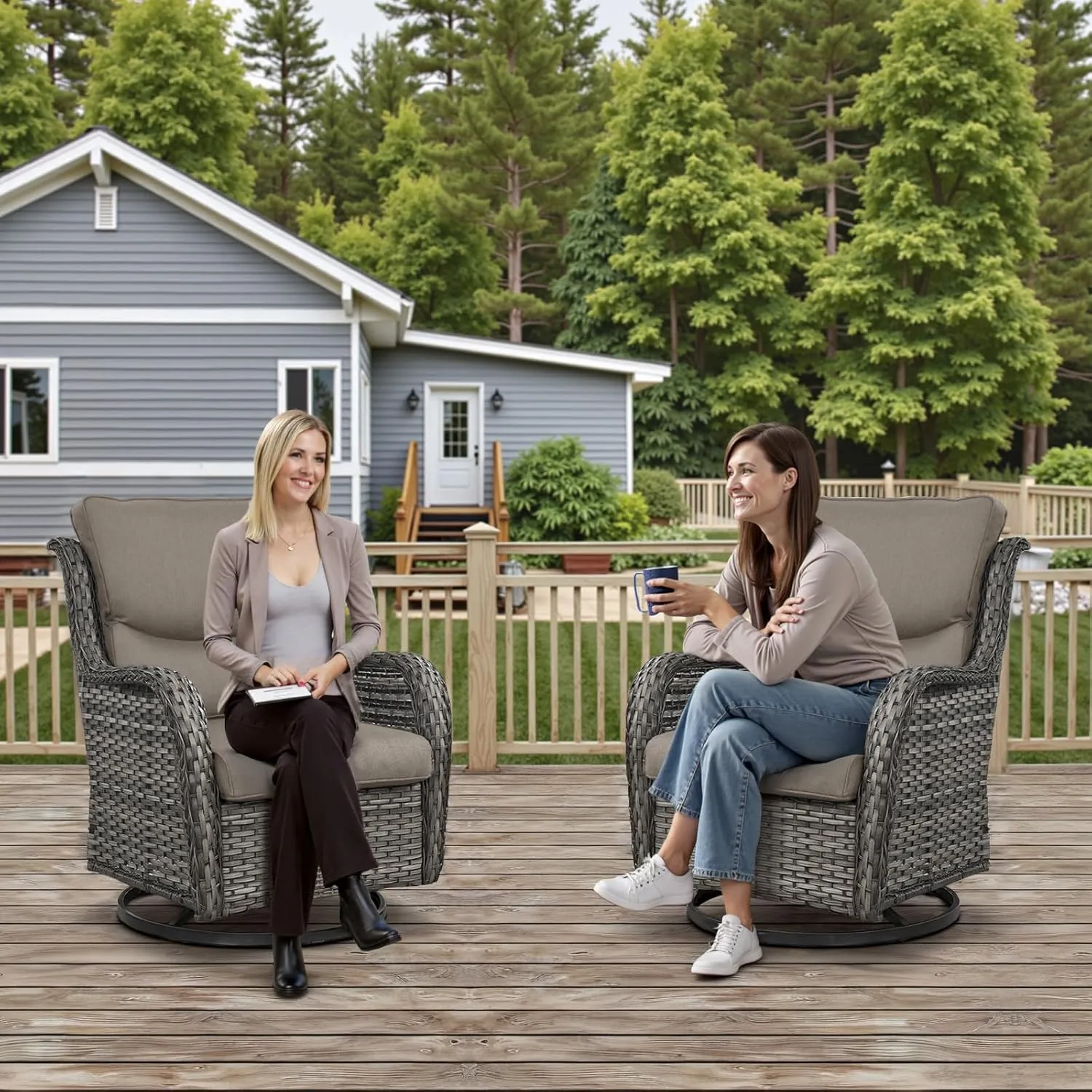 Swivel Patio Chairs Set of 2 with 5" Thick Cushion - Wicker Outdoor Swivel Rocker Patio Chairs, High Back Comfortable Outdoor Glider Chairs for Balcony, Porch, Deck, Poolside - Gray/Gray