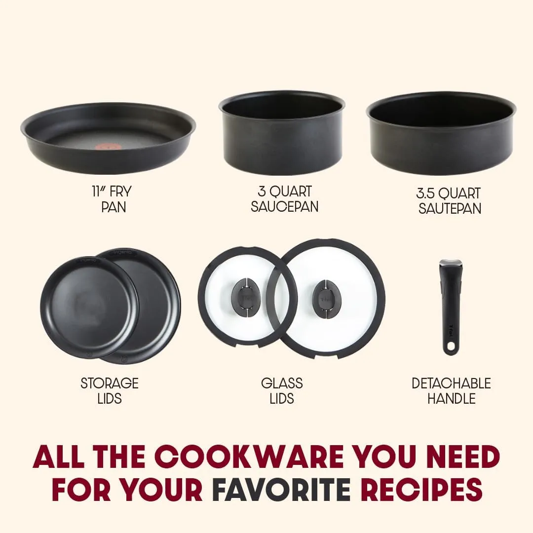 T-fal Ingenio Expertise Non Stick Cookware Set 8 Piece, Induction, Oven Broiler Safe 500F, Stackable Cookware, Pots and Pans, RV, Camping, Fry Pans, Dishwasher Safe, Detachable/Removable Handle Black
