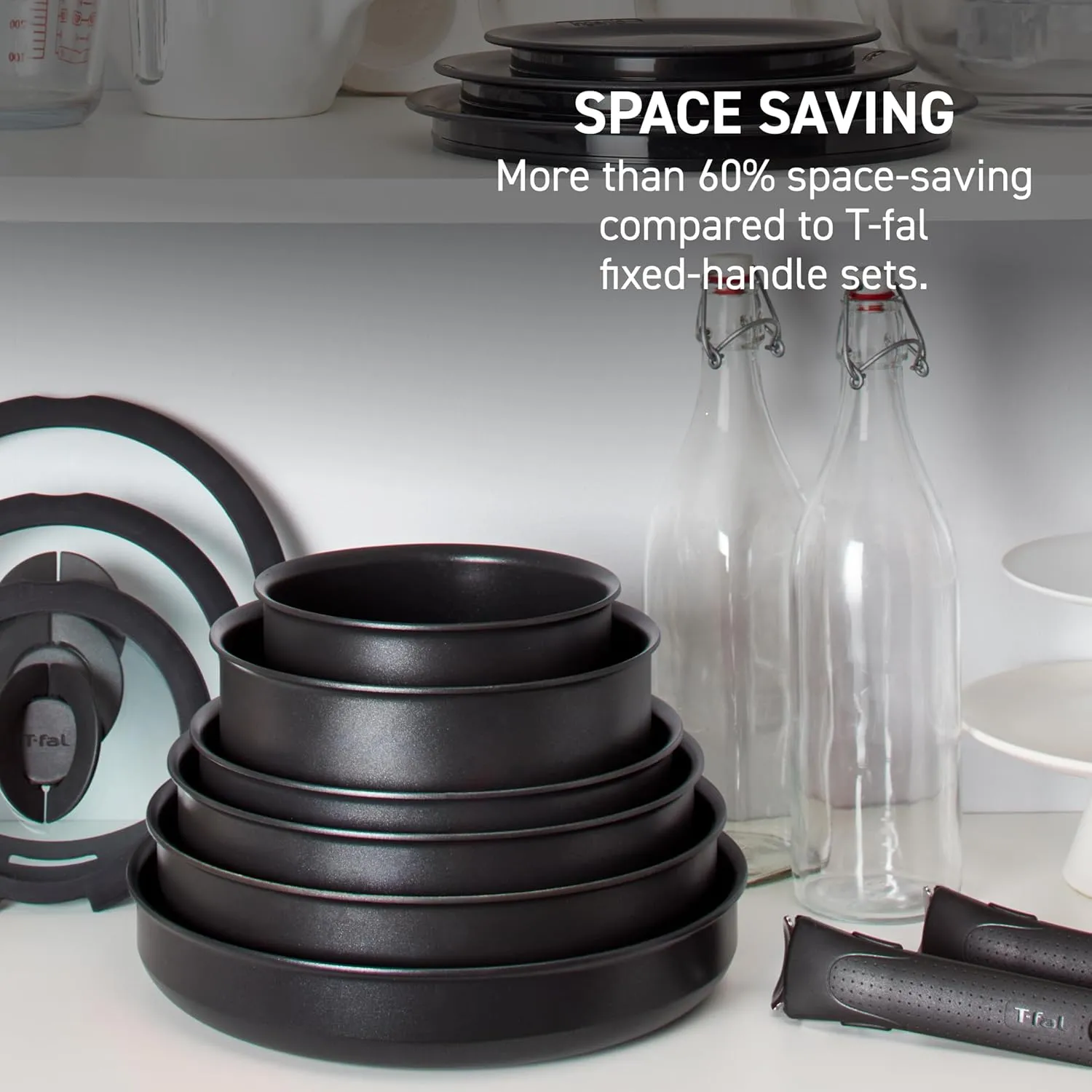 T-fal Ingenio Expertise Non Stick Cookware Set 8 Piece, Induction, Oven Broiler Safe 500F, Stackable Cookware, Pots and Pans, RV, Camping, Fry Pans, Dishwasher Safe, Detachable/Removable Handle Black