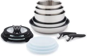 T-fal Ingenio Expertise Stainless Steel Cookware Set 13 Piece, Induction, Stackable Cookware, Pots and Pans Set, RV, Camping, Kitchen Fry Pans, Dishwasher Safe, Detachable/Removable Handle, Silver