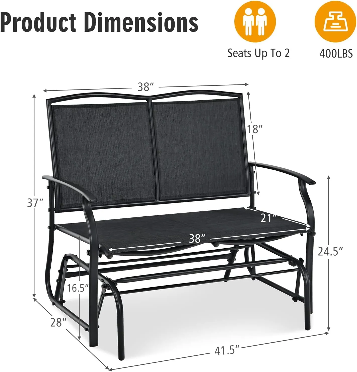 Tangkula 2-Person Patio Glider Bench, Outdoor Rocker Glider Loveseat Chair W/Heavy-Duty Steel Frame, Breathable Seat Fabric, Rocking Lounge Chair for Poolside, Garden, Backyard (Black)