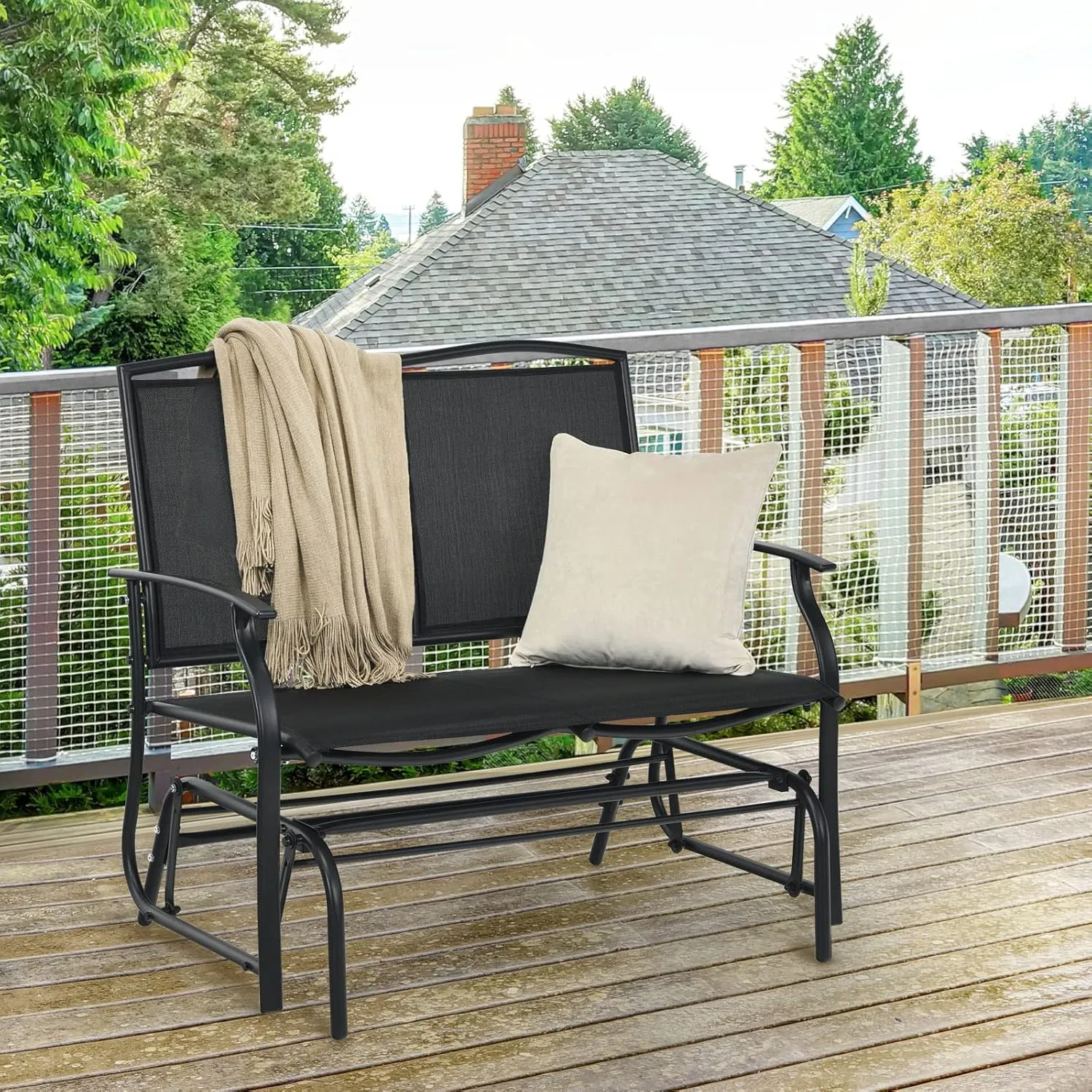 Tangkula 2-Person Patio Glider Bench, Outdoor Rocker Glider Loveseat Chair W/Heavy-Duty Steel Frame, Breathable Seat Fabric, Rocking Lounge Chair for Poolside, Garden, Backyard (Black)