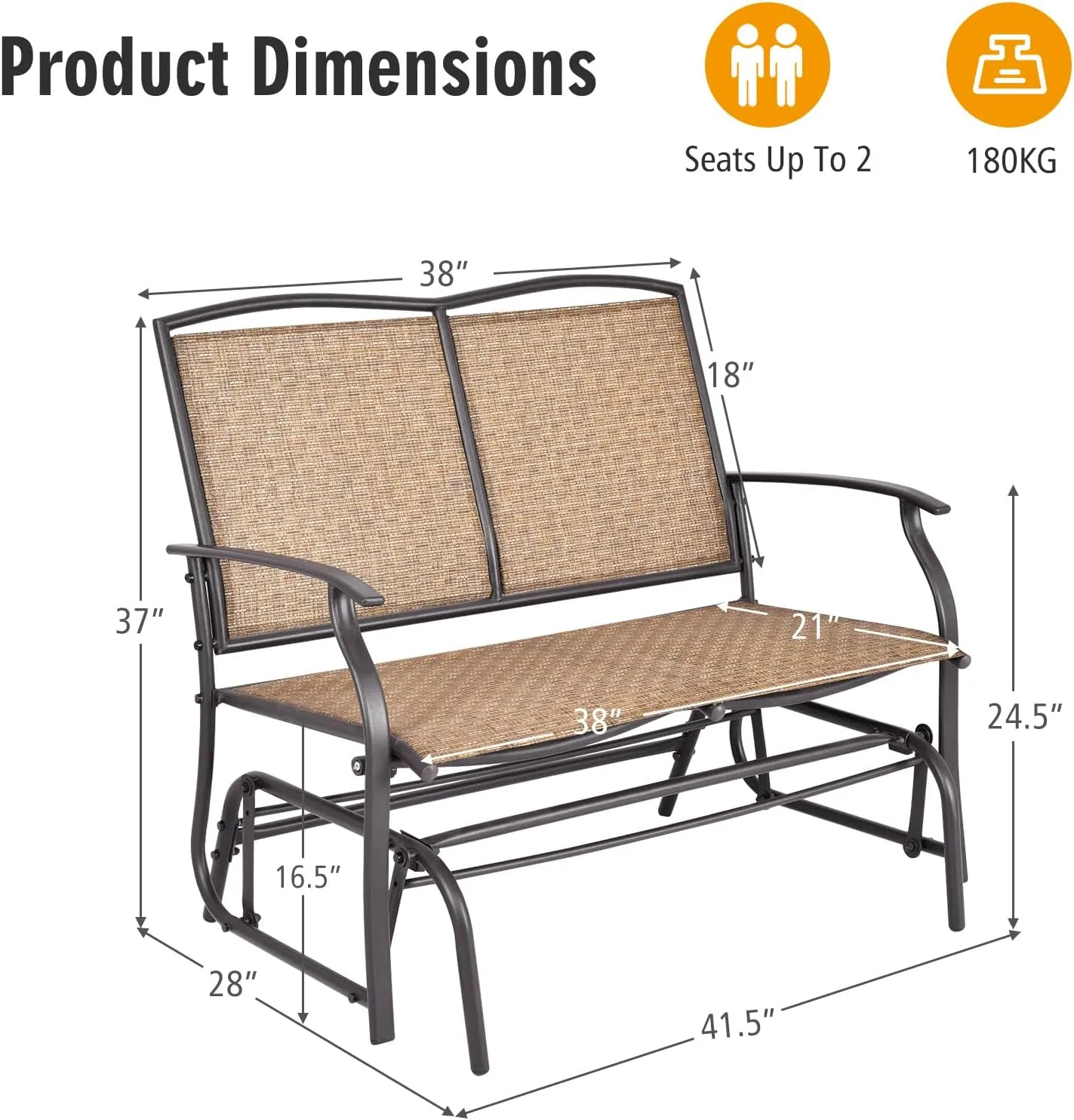 Tangkula 2-Person Patio Glider Bench, Outdoor Rocker Glider Loveseat Chair W/Heavy-Duty Steel Frame, Breathable Seat Fabric, Rocking Lounge Chair for Poolside, Garden, Backyard (Brown)