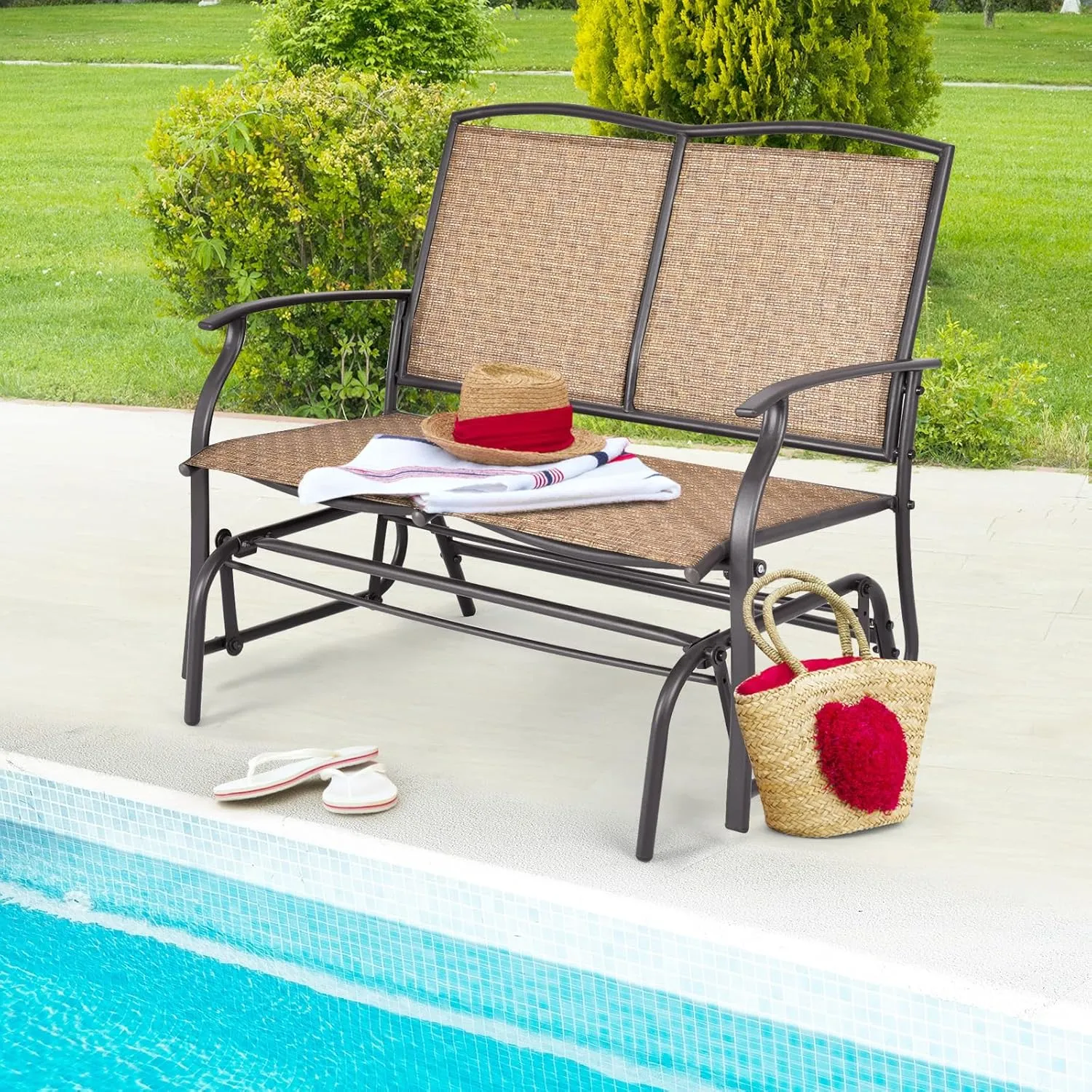 Tangkula 2-Person Patio Glider Bench, Outdoor Rocker Glider Loveseat Chair W/Heavy-Duty Steel Frame, Breathable Seat Fabric, Rocking Lounge Chair for Poolside, Garden, Backyard (Brown)