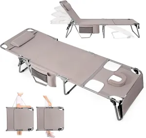 Tanning Chair with Face Hole, Folding Chaise Lounge Chair, Heavy Duty Outside Lay Flat Portable Face Down Tanning Chair with Arm Hole for Reading Beach Poolside Patio Sunbathing Lawn Camping, 300 LBS