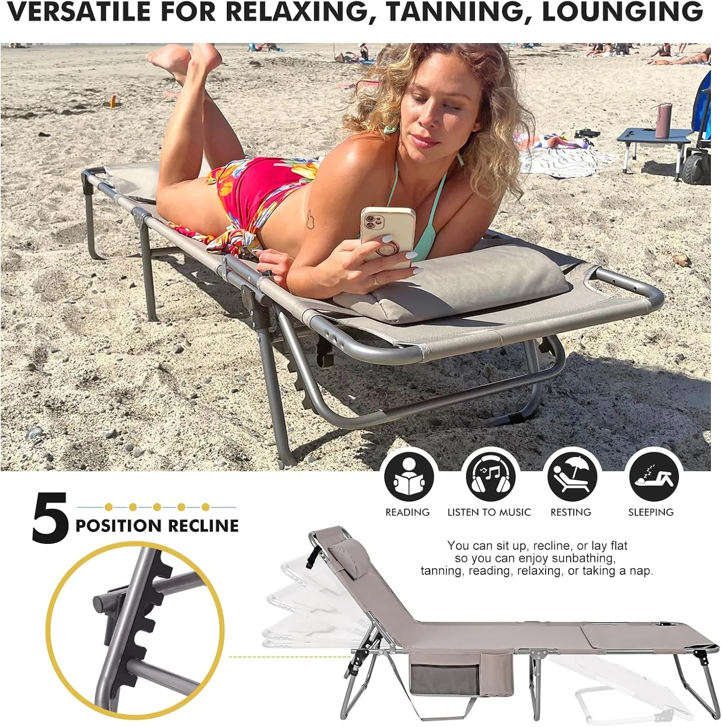 Tanning Chair with Face Hole, Folding Chaise Lounge Chair, Heavy Duty Outside Lay Flat Portable Face Down Tanning Chair with Arm Hole for Reading Beach Poolside Patio Sunbathing Lawn Camping, 300 LBS