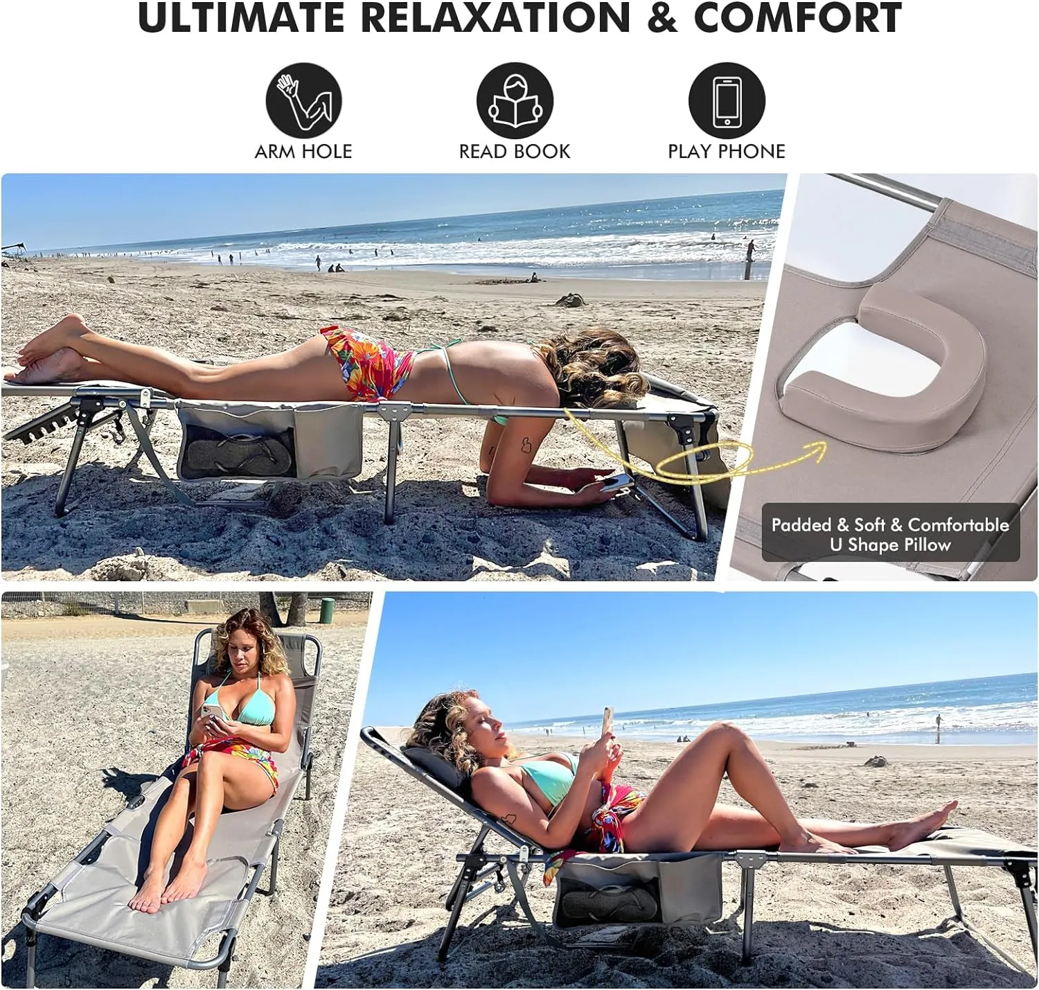 Tanning Chair with Face Hole, Folding Chaise Lounge Chair, Heavy Duty Outside Lay Flat Portable Face Down Tanning Chair with Arm Hole for Reading Beach Poolside Patio Sunbathing Lawn Camping, 300 LBS