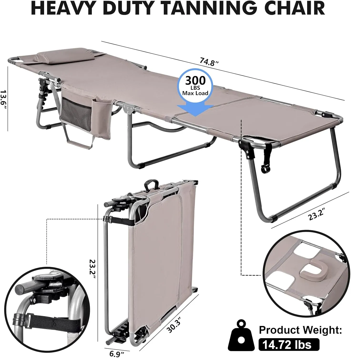 Tanning Chair with Face Hole, Folding Chaise Lounge Chair, Heavy Duty Outside Lay Flat Portable Face Down Tanning Chair with Arm Hole for Reading Beach Poolside Patio Sunbathing Lawn Camping, 300 LBS