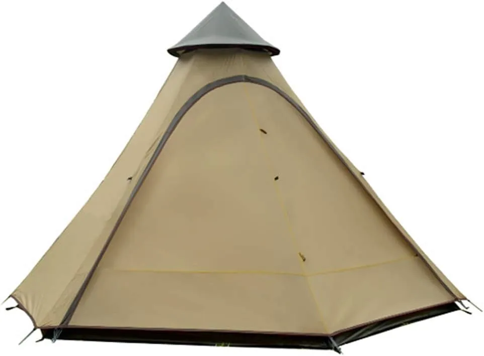 Teepee Waterproof Double Layers Outdoor Tent Thickened Camping Family Tent Pyramids Indian Tent with Fixed Groundsheet Suitable for Wild Camping and Hunting, Brown