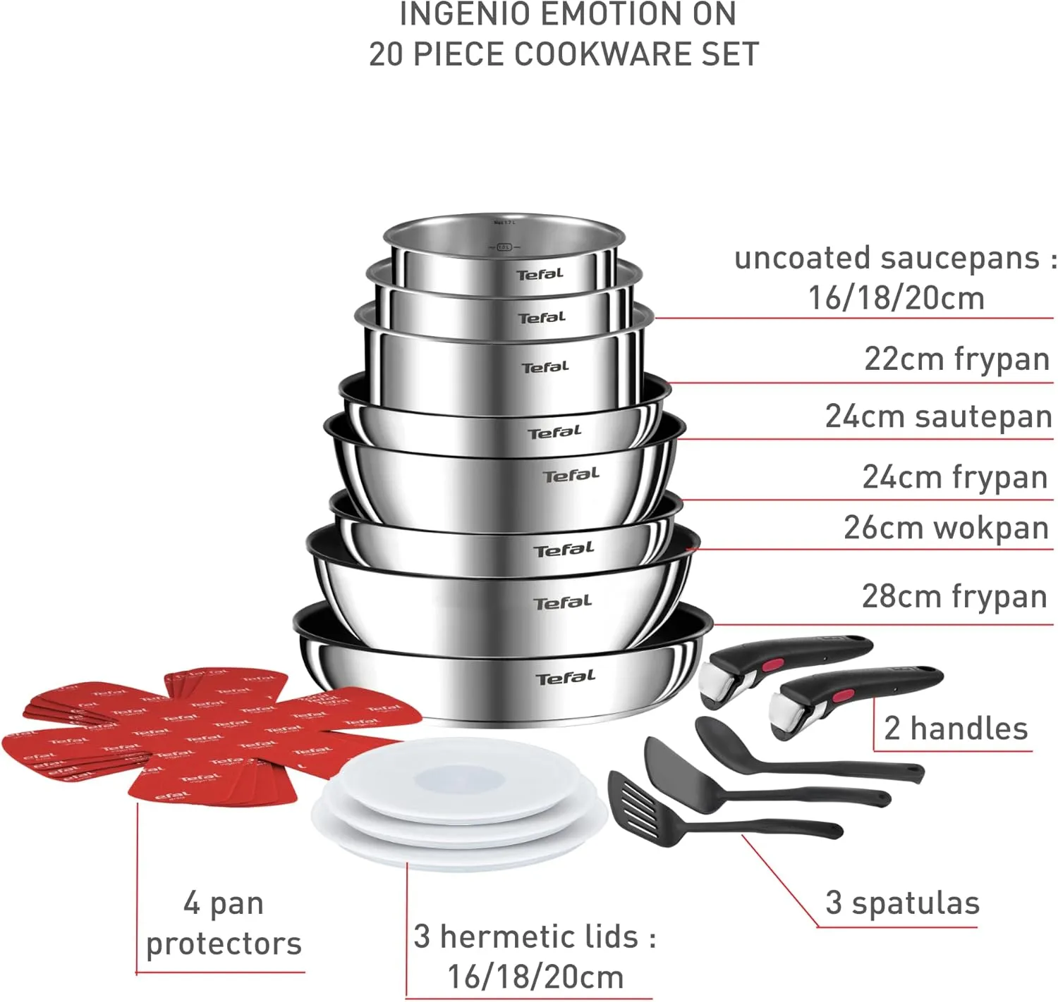 Tefal Ingenio L897SK04 20-Piece Cookware Set, Frying Pans with 2 Removable Handles, Induction, Non-Stick Coating, Stackable, Dishwasher Safe, Emotion L897SK04, Silver