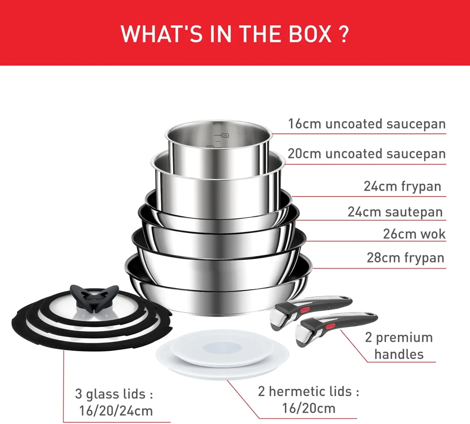 Tefal Ingenio Preference ON 13 Piece Non-Stick Induction Pan Set, 24&28cm Frying Pans, 16&20cm Saucepans, 26cm Wok, 24cm Sautepan, Glass & Hermetic Lids, 2 Handles