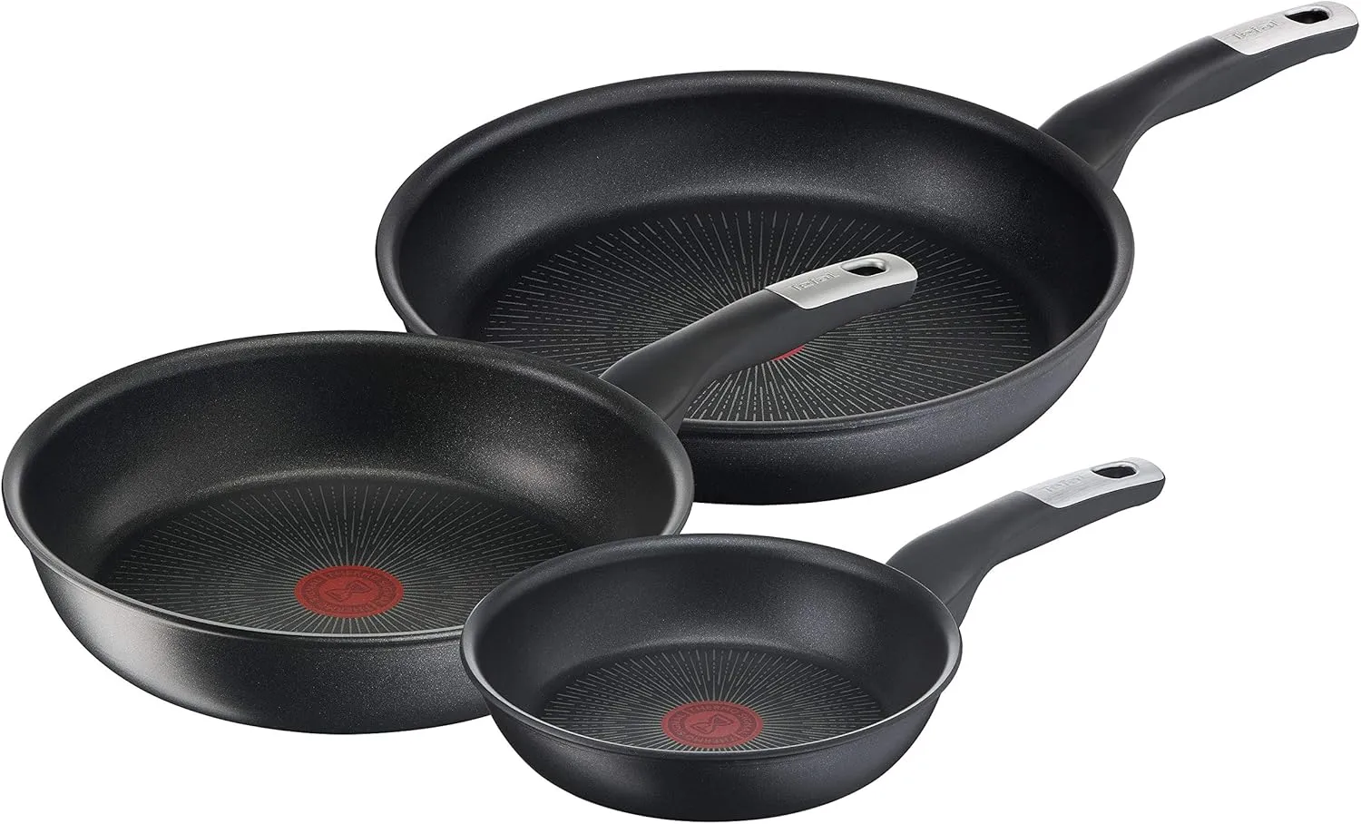 Tefal Unlimited On G25591 Set of 3 Frying Pans 24/28 cm and 28 cm Wok Pot, Non-Scratch Coating and Heat Signal, All Hobs   Induction, Easy Clean, Black