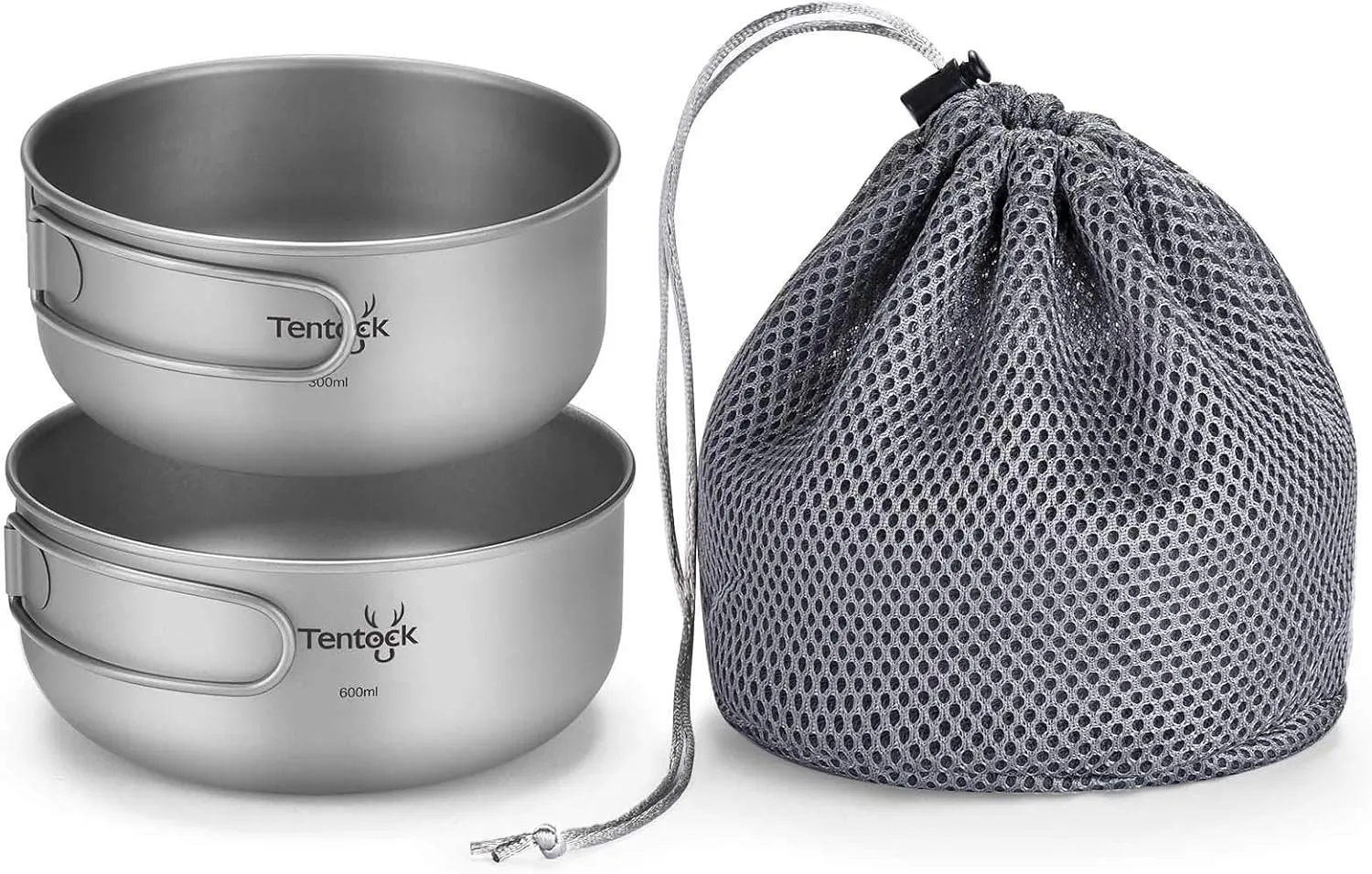 Tentock Titanium Bowls Set 500ml 600ml Ultralight Camping Cookware Outdoor Utensils with Folding Handle