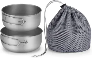 Tentock Titanium Bowls Set 500ml 600ml Ultralight Camping Cookware Outdoor Utensils with Folding Handle