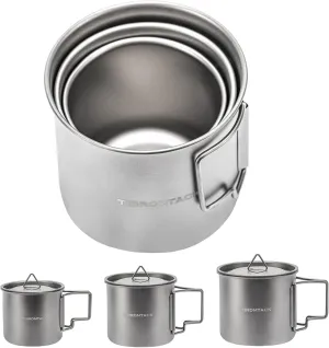 TIBROMTACK Titanium Camping Cup 3pcs Cooking Set 350ml 500ml 700ml Coffee Pot Camp Cookware with Foldable Handle for Backpacking Hiking Outdoor Survival with Mesh Bag and Lid…
