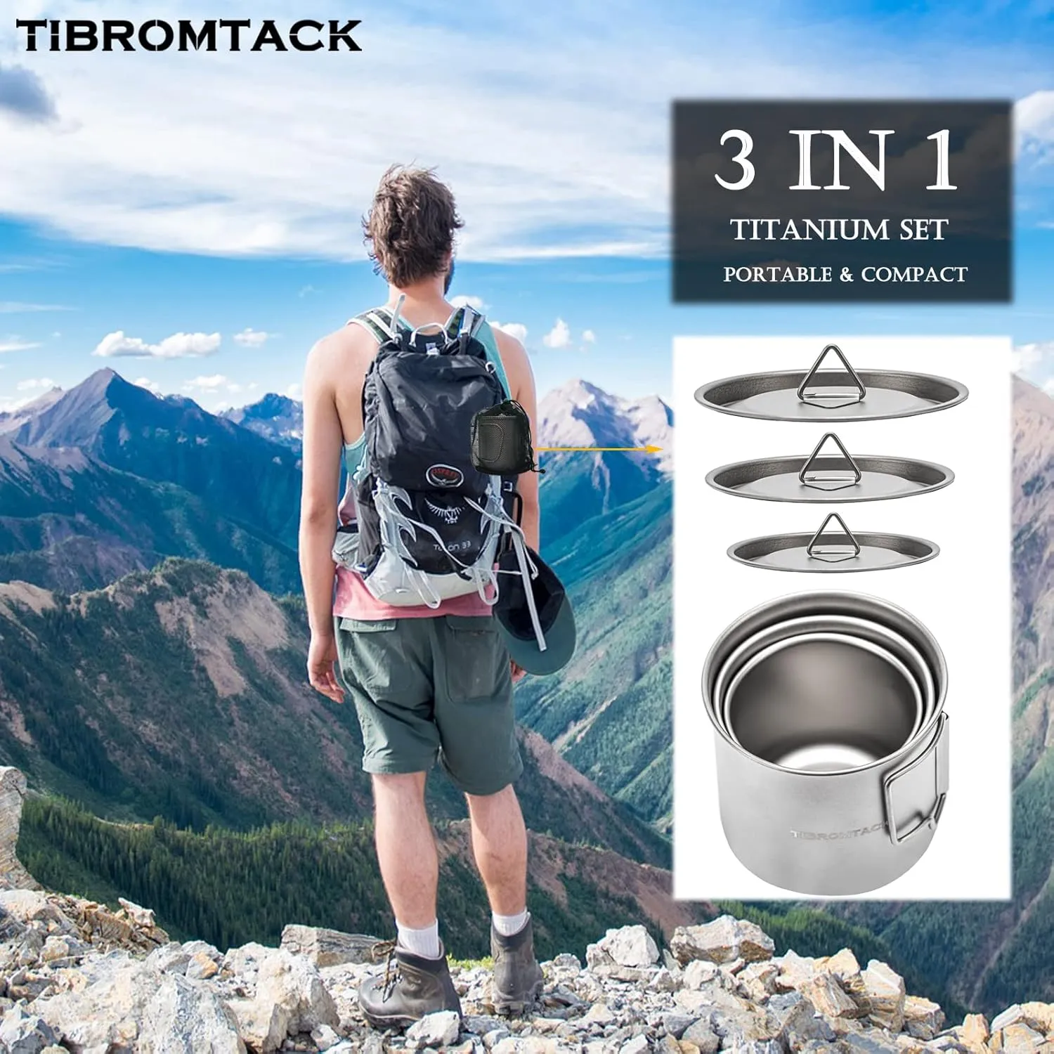 TIBROMTACK Titanium Camping Cup 3pcs Cooking Set 350ml 500ml 700ml Coffee Pot Camp Cookware with Foldable Handle for Backpacking Hiking Outdoor Survival with Mesh Bag and Lid…