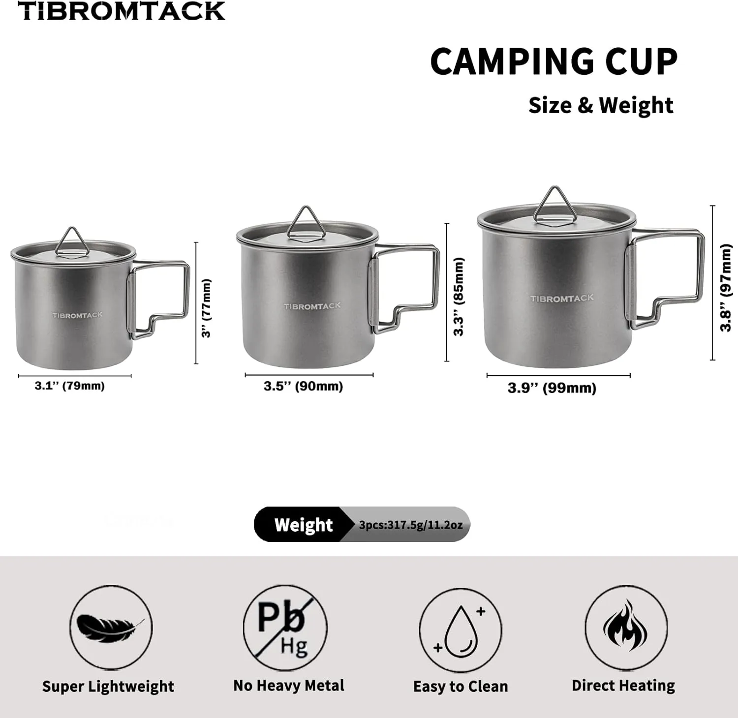 TIBROMTACK Titanium Camping Cup 3pcs Cooking Set 350ml 500ml 700ml Coffee Pot Camp Cookware with Foldable Handle for Backpacking Hiking Outdoor Survival with Mesh Bag and Lid…