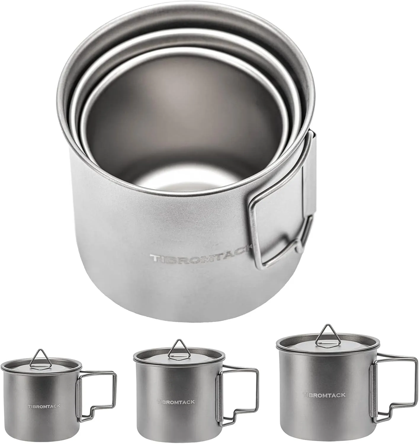 TIBROMTACK Titanium Camping Cup 3pcs Cooking Set 350ml 500ml 700ml Coffee Pot Camp Cookware with Foldable Handle for Backpacking Hiking Outdoor Survival with Mesh Bag and Lid…