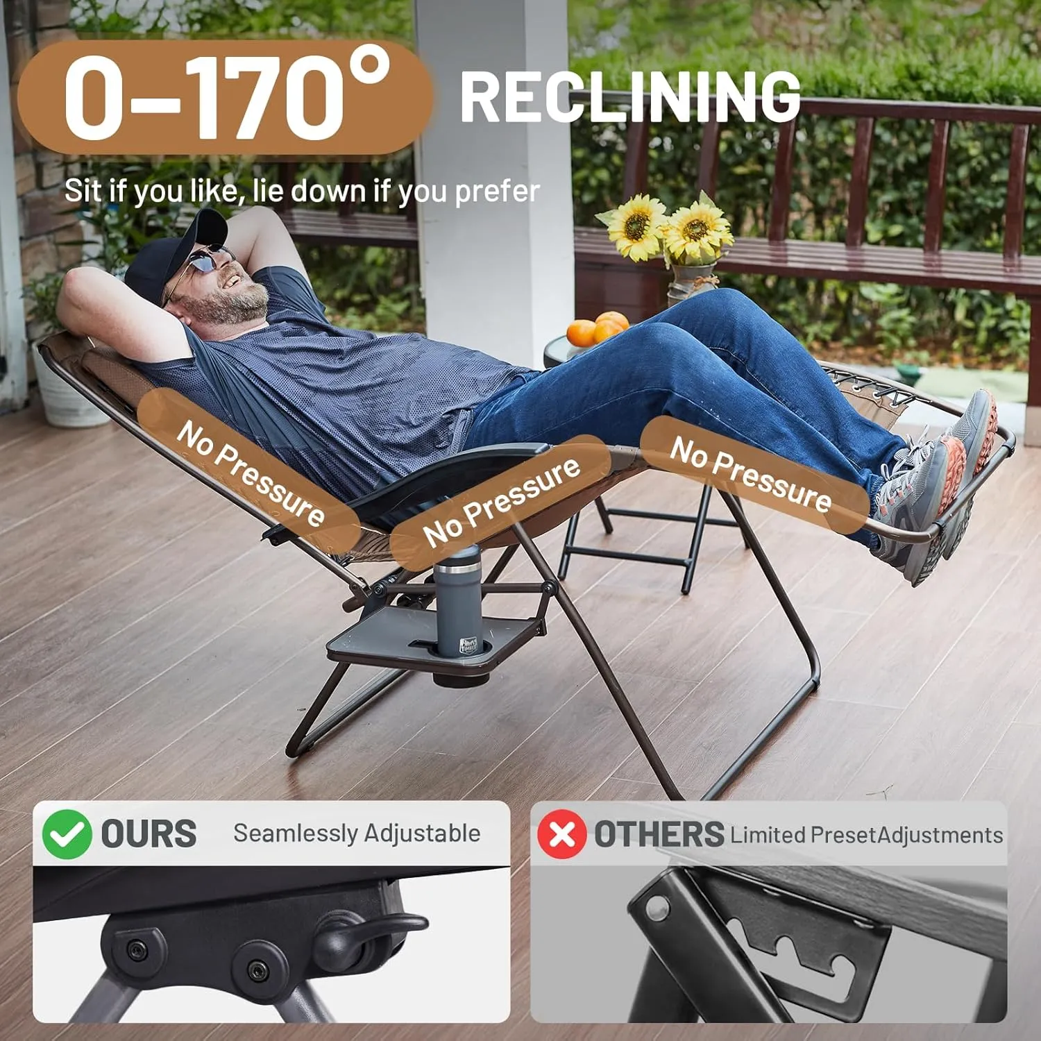 TIMBER RIDGE Oversized Zero Gravity Chair, 33In Wide XXL Zero Gravity Reclining Chair with Side Table, Full Padded Lounge Chair for Outdoor Camping Patio Lawn, Heavy Duty Supports 500lbs, Brown-1 Pack