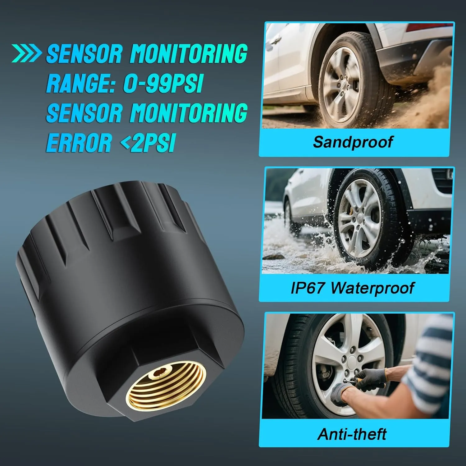 Tire Pressure Monitoring System, Solar TPMS Sensors Set of 4 (0-99 PSI) for RV/Car/Trailer/Truck, Tire Pressure Monitor with 6 Alerts,IP67 Waterproof,DIY,Quick Setup