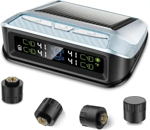 Tire Pressure Monitoring System, Solar TPMS Sensors Set of 4 (0-99 PSI) for RV/Car/Trailer/Truck, Tire Pressure Monitor with 6 Alerts,IP67 Waterproof,DIY,Quick Setup