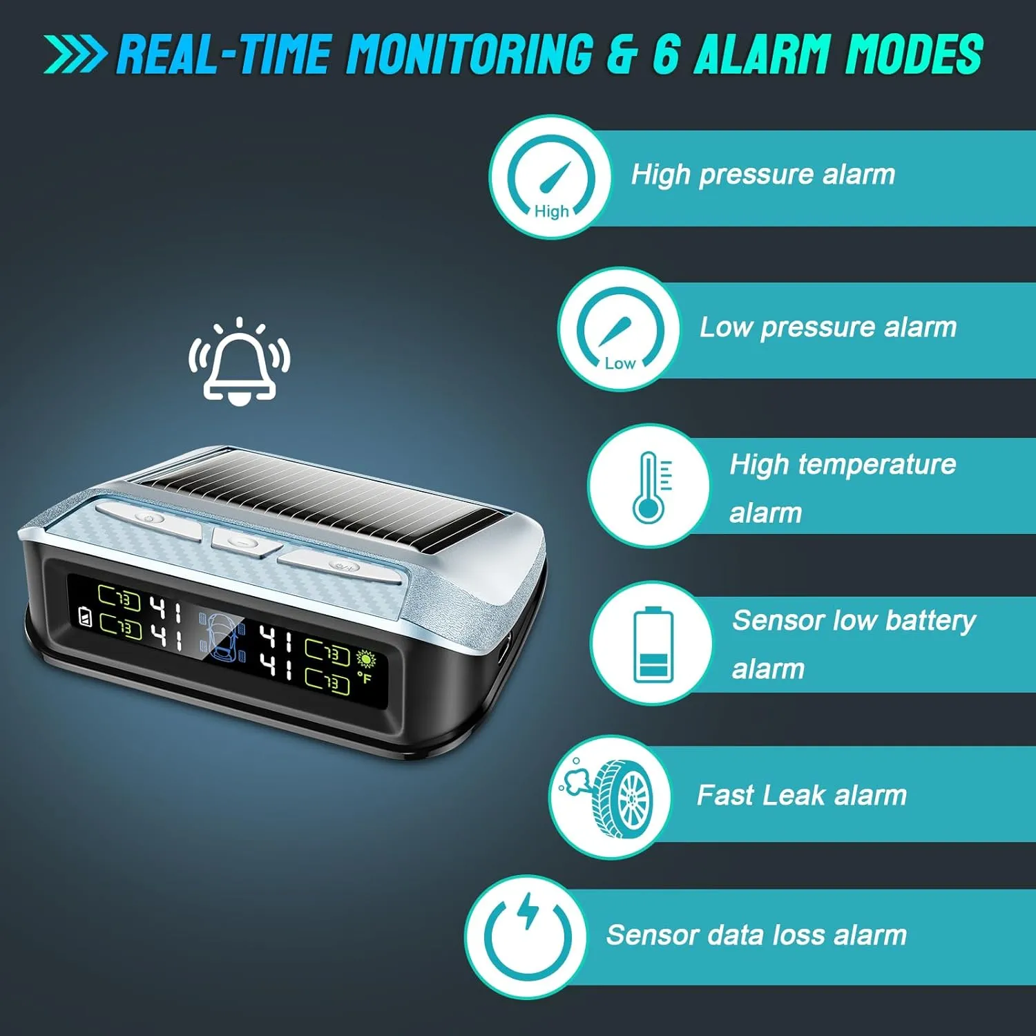 Tire Pressure Monitoring System, Solar TPMS Sensors Set of 4 (0-99 PSI) for RV/Car/Trailer/Truck, Tire Pressure Monitor with 6 Alerts,IP67 Waterproof,DIY,Quick Setup
