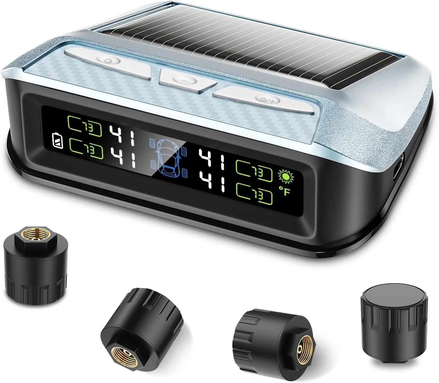 Tire Pressure Monitoring System, Solar TPMS Sensors Set of 4 (0-99 PSI) for RV/Car/Trailer/Truck, Tire Pressure Monitor with 6 Alerts,IP67 Waterproof,DIY,Quick Setup