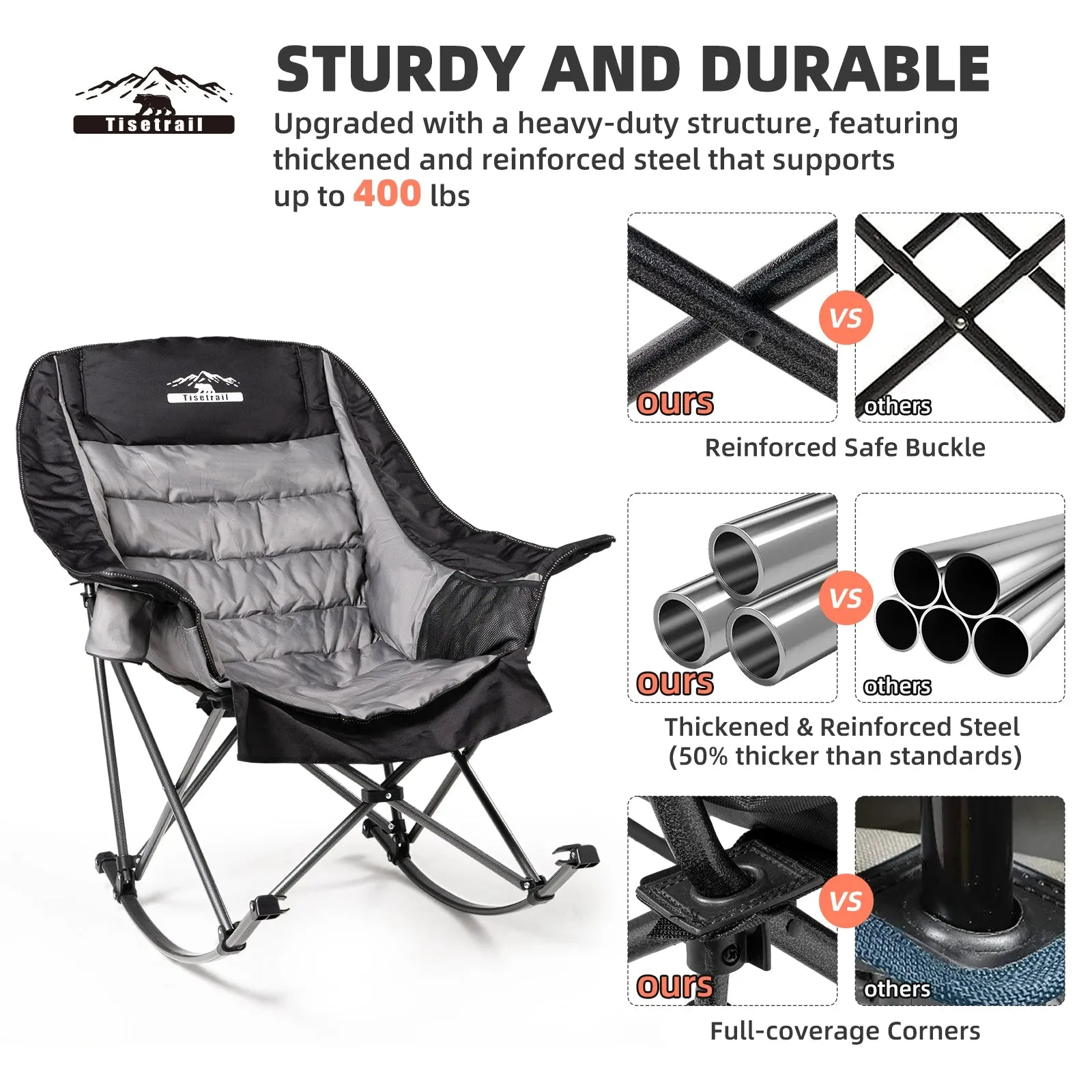 Tisetrail Oversized Padded Rocking Camping Chair with Side Pocket and Cup Holder, Heavy-Duty 400lbs