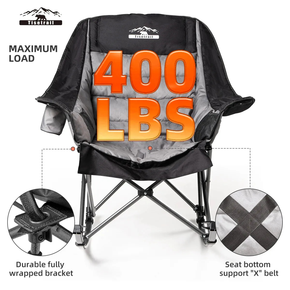 Tisetrail Oversized Padded Rocking Camping Chair with Side Pocket and Cup Holder, Heavy-Duty 400lbs
