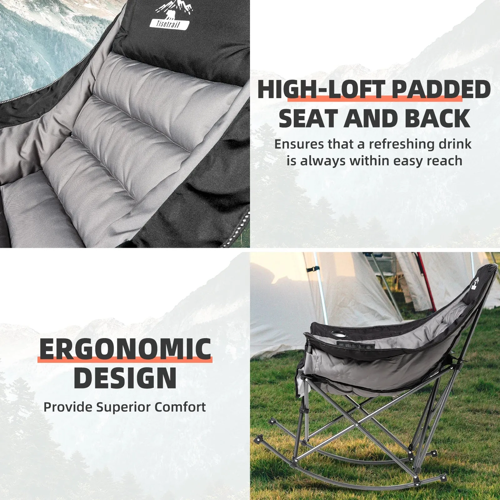 Tisetrail Oversized Padded Rocking Camping Chair with Side Pocket and Cup Holder, Heavy-Duty 400lbs