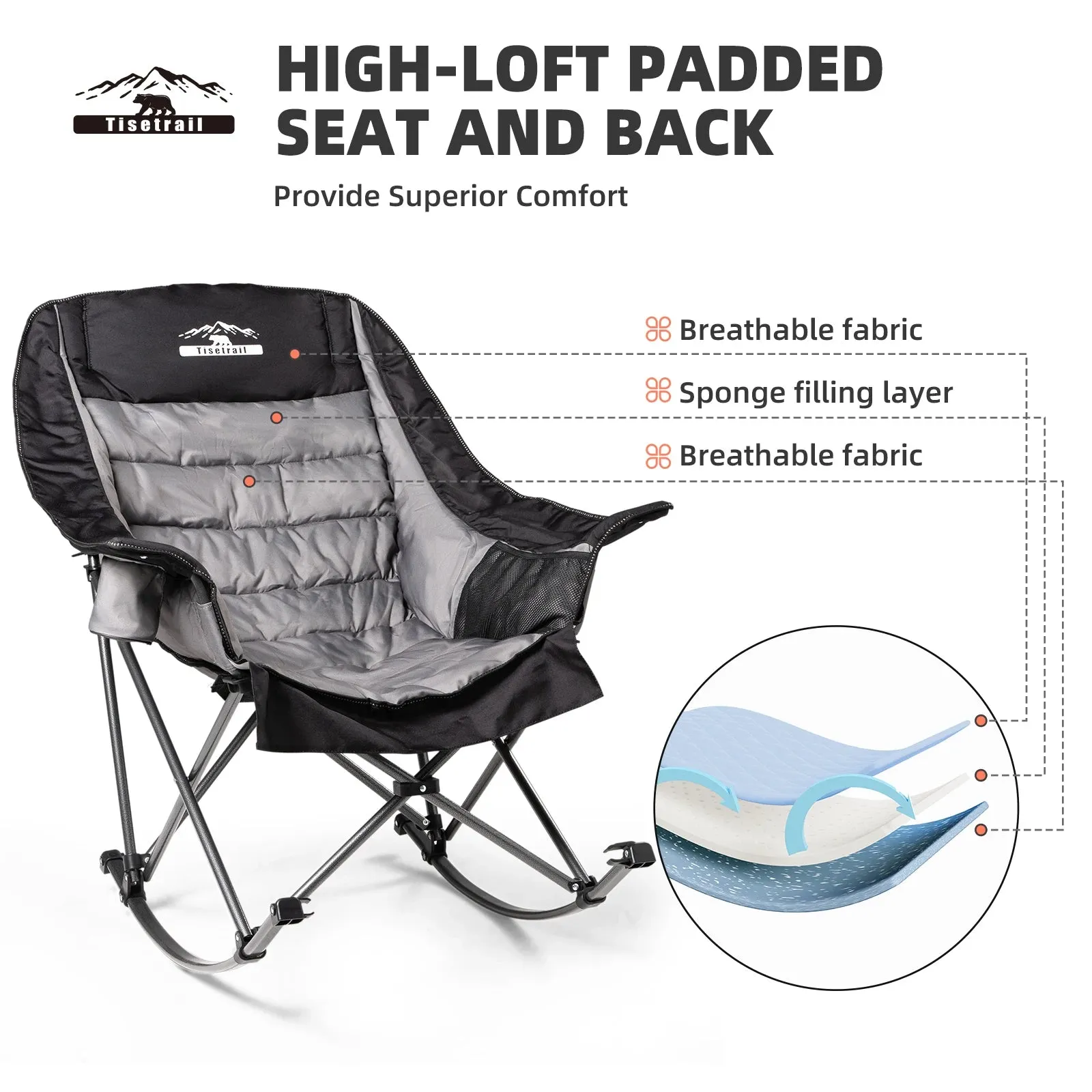 Tisetrail Oversized Padded Rocking Camping Chair with Side Pocket and Cup Holder, Heavy-Duty 400lbs