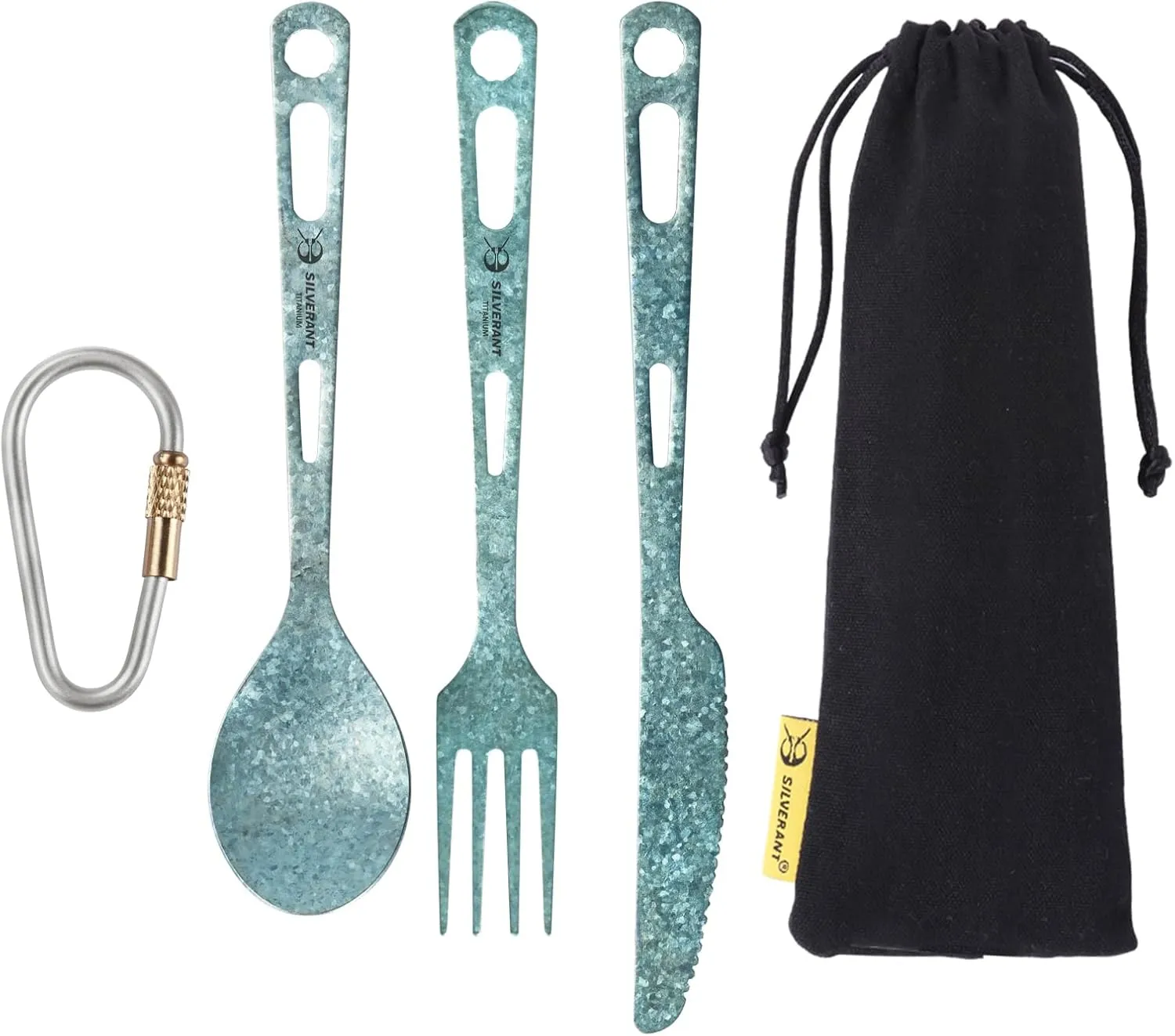 Titanium 3 Piece Cutlery Set, Extra Strong Ultra-Lightweight Durable Knife Fork & Spoon Tableware for Outdoor Camping & Hiking, Comes with Drawstring Bag & Titanium Carabiner-Blue