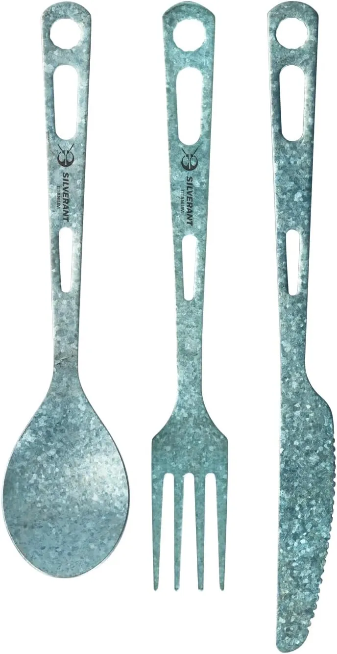 Titanium 3 Piece Cutlery Set, Extra Strong Ultra-Lightweight Durable Knife Fork & Spoon Tableware for Outdoor Camping & Hiking, Comes with Drawstring Bag & Titanium Carabiner-Blue