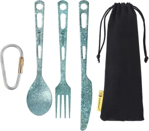 Titanium 3 Piece Cutlery Set, Extra Strong Ultra-Lightweight Durable Knife Fork & Spoon Tableware for Outdoor Camping & Hiking, Comes with Drawstring Bag & Titanium Carabiner-Blue