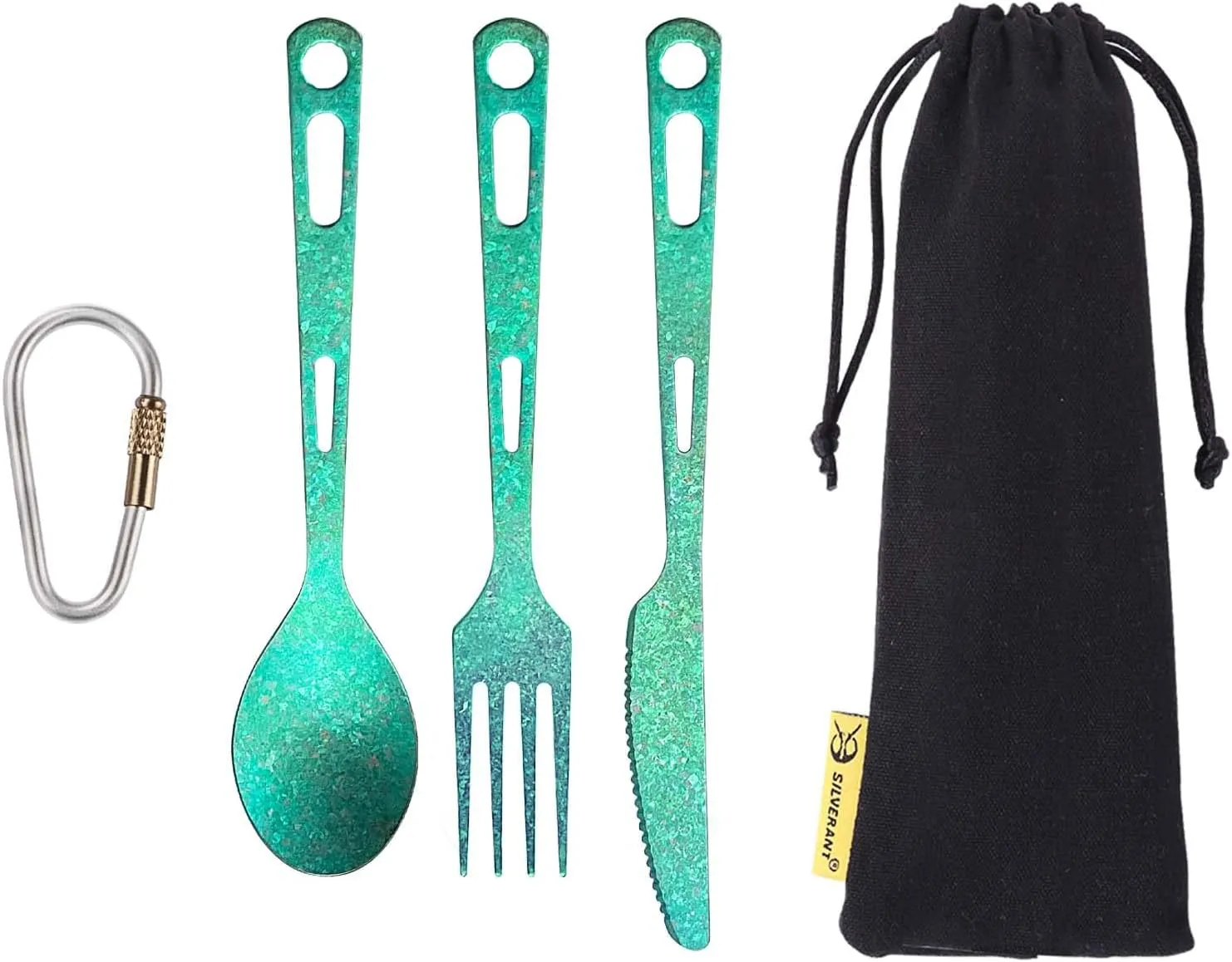 Titanium 3 Piece Cutlery Set, Extra Strong Ultra-Lightweight Durable Knife Fork & Spoon Tableware for Outdoor Camping & Hiking, Comes with Drawstring Bag & Titanium Carabiner-Green