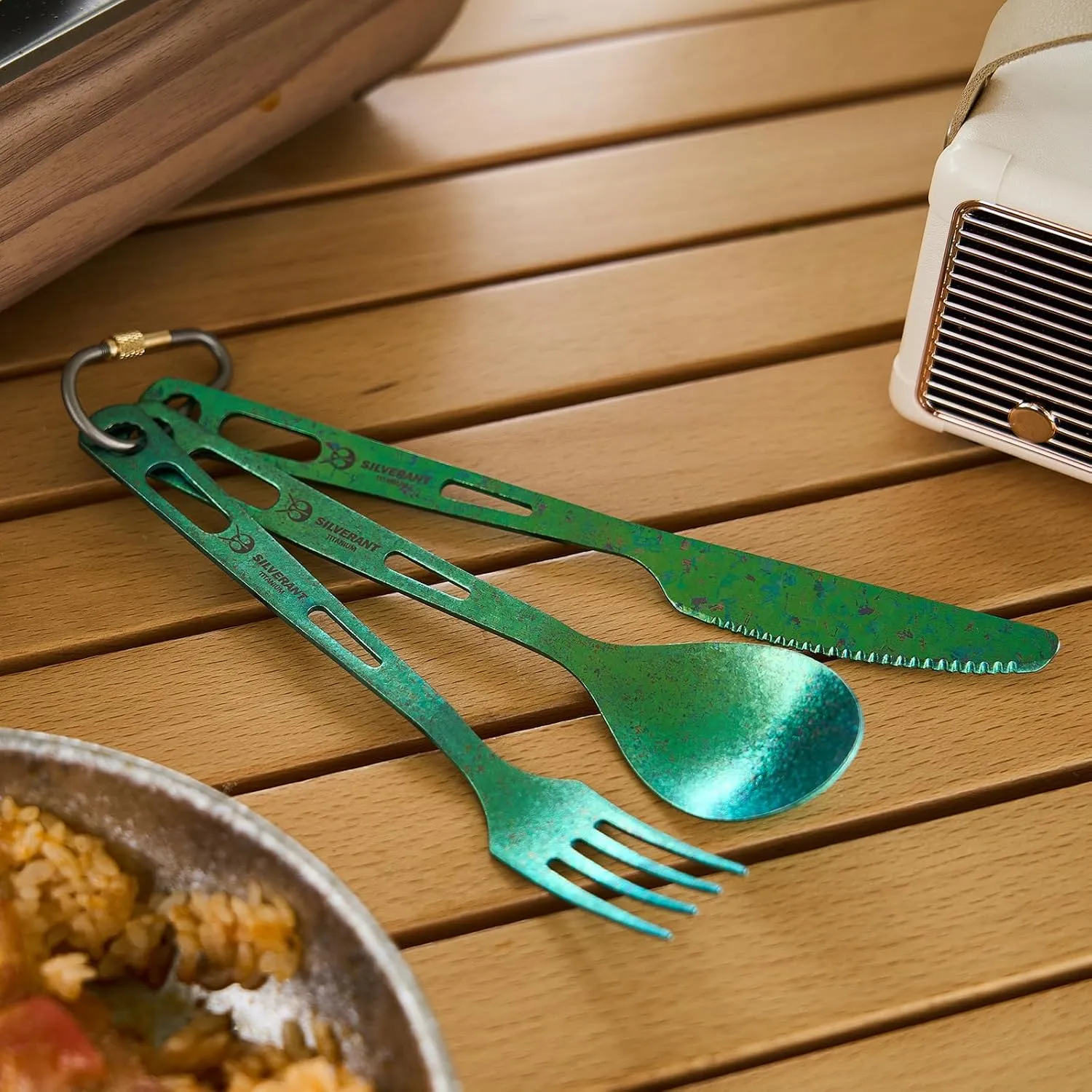 Titanium 3 Piece Cutlery Set, Extra Strong Ultra-Lightweight Durable Knife Fork & Spoon Tableware for Outdoor Camping & Hiking, Comes with Drawstring Bag & Titanium Carabiner-Green