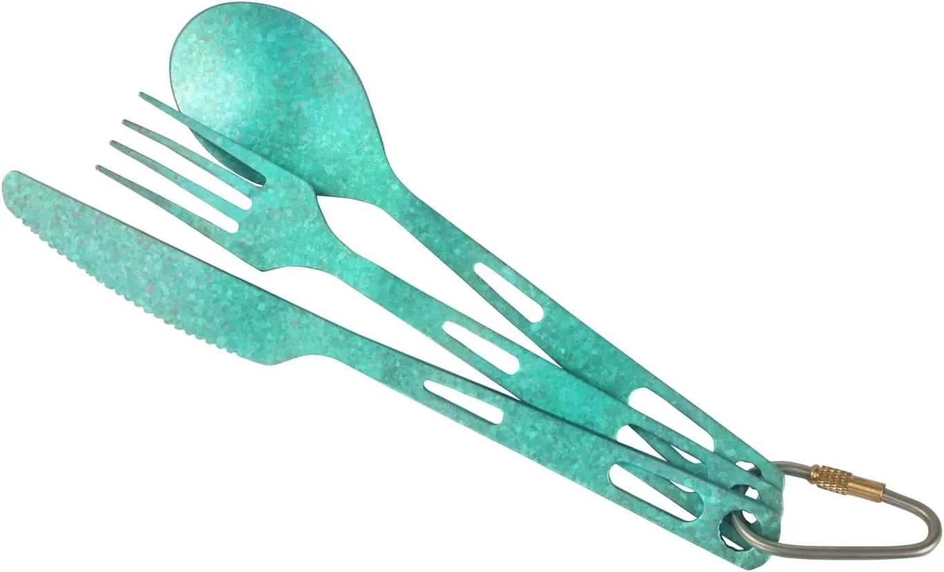 Titanium 3 Piece Cutlery Set, Extra Strong Ultra-Lightweight Durable Knife Fork & Spoon Tableware for Outdoor Camping & Hiking, Comes with Drawstring Bag & Titanium Carabiner-Green