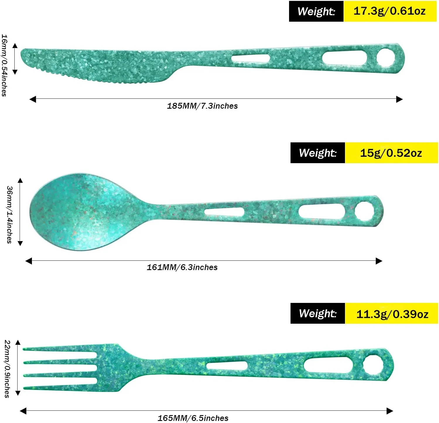 Titanium 3 Piece Cutlery Set, Extra Strong Ultra-Lightweight Durable Knife Fork & Spoon Tableware for Outdoor Camping & Hiking, Comes with Drawstring Bag & Titanium Carabiner-Green
