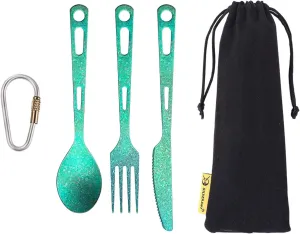Titanium 3 Piece Cutlery Set, Extra Strong Ultra-Lightweight Durable Knife Fork & Spoon Tableware for Outdoor Camping & Hiking, Comes with Drawstring Bag & Titanium Carabiner-Green