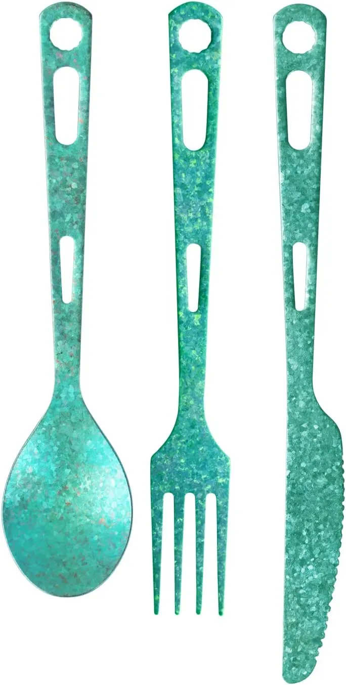 Titanium 3 Piece Cutlery Set, Extra Strong Ultra-Lightweight Durable Knife Fork & Spoon Tableware for Outdoor Camping & Hiking, Comes with Drawstring Bag & Titanium Carabiner-Green