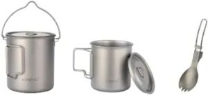 Titanium Camping Cookware Set Camping Pot 750ml/26 oz Backpacking Mug,420ml/15 oz Mug with Lid and Foldable Handle and a Foldable Spoon,Diverse Outdoor Camping Sets