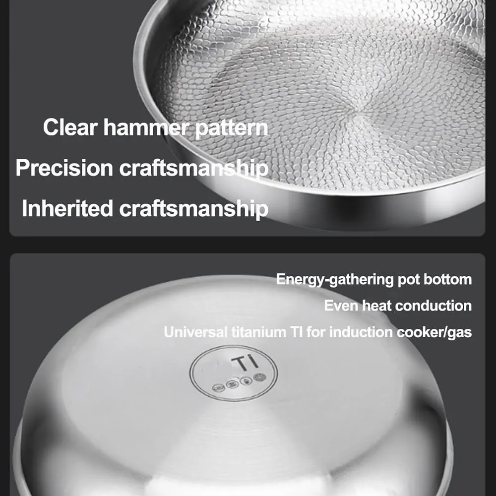 Titanium Hammered Pan Pro with Lid – 2025 Ultra-Durable Pure,Siraat Pure Titanium Pan Hammered Pattern,New Upgraded Pot for Cooking (Silver,L)
