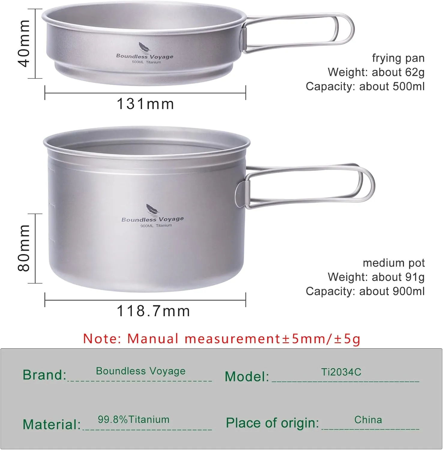 Titanium Pot Pan Set with Folding Handle Outdoor Camping Soup Pot Bowl Frying Pan Mess Kit Picnic Cookware