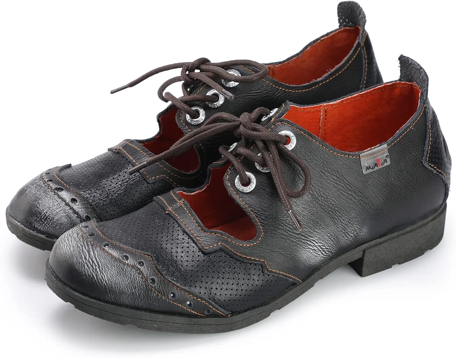 TMA EYES & MAiA Womens Leather Fashion Shoes with Breathable Lace-up Low Heel with Bare Instep Casual Shoes