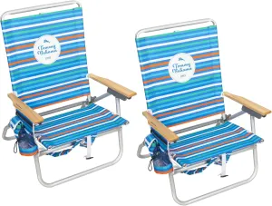 Tommy Bahama 2-Pack 4-Position Extended 12.8" Seat Height Easy in-Easy Out Folding Backpack Beach Chair, Logo Stripe