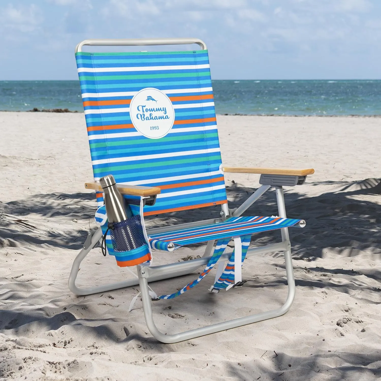 Tommy Bahama 2-Pack 4-Position Extended 12.8" Seat Height Easy in-Easy Out Folding Backpack Beach Chair, Logo Stripe