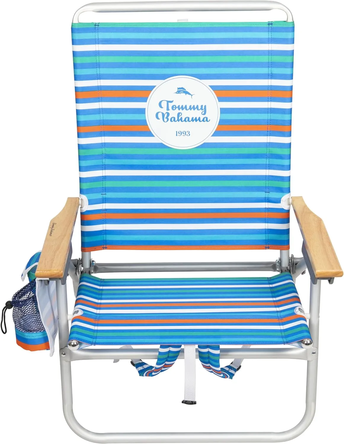 Tommy Bahama 4-Position, Extended 12.8" seat Height Easy in-Easy Out Folding Backpack Beach Chair, Logo Stripe