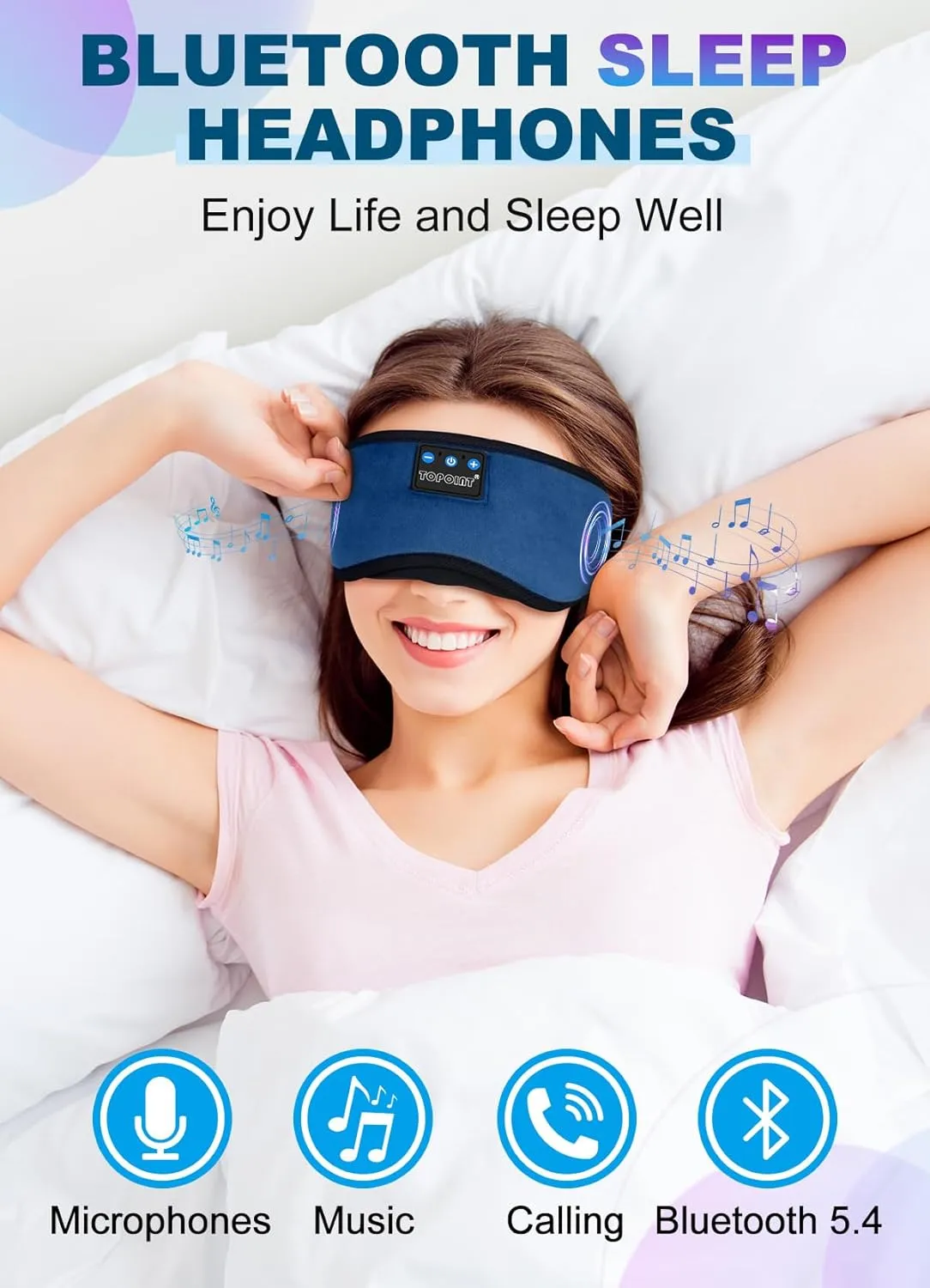 TOPOINT Sleep Headphones, Sleeping Headphones Bluetooth Sleep Mask with Bluetooth Headphones, Aid Sleep Light Blackout Sleeping Eye Mask Headphones for Sleeping Side Sleepers Men Women Girls